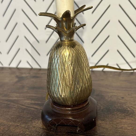 Vintage Brass Pineapple Lamp Wood Base Tropical Decor 10” Table Light - No Shade - Picture 6 of 14